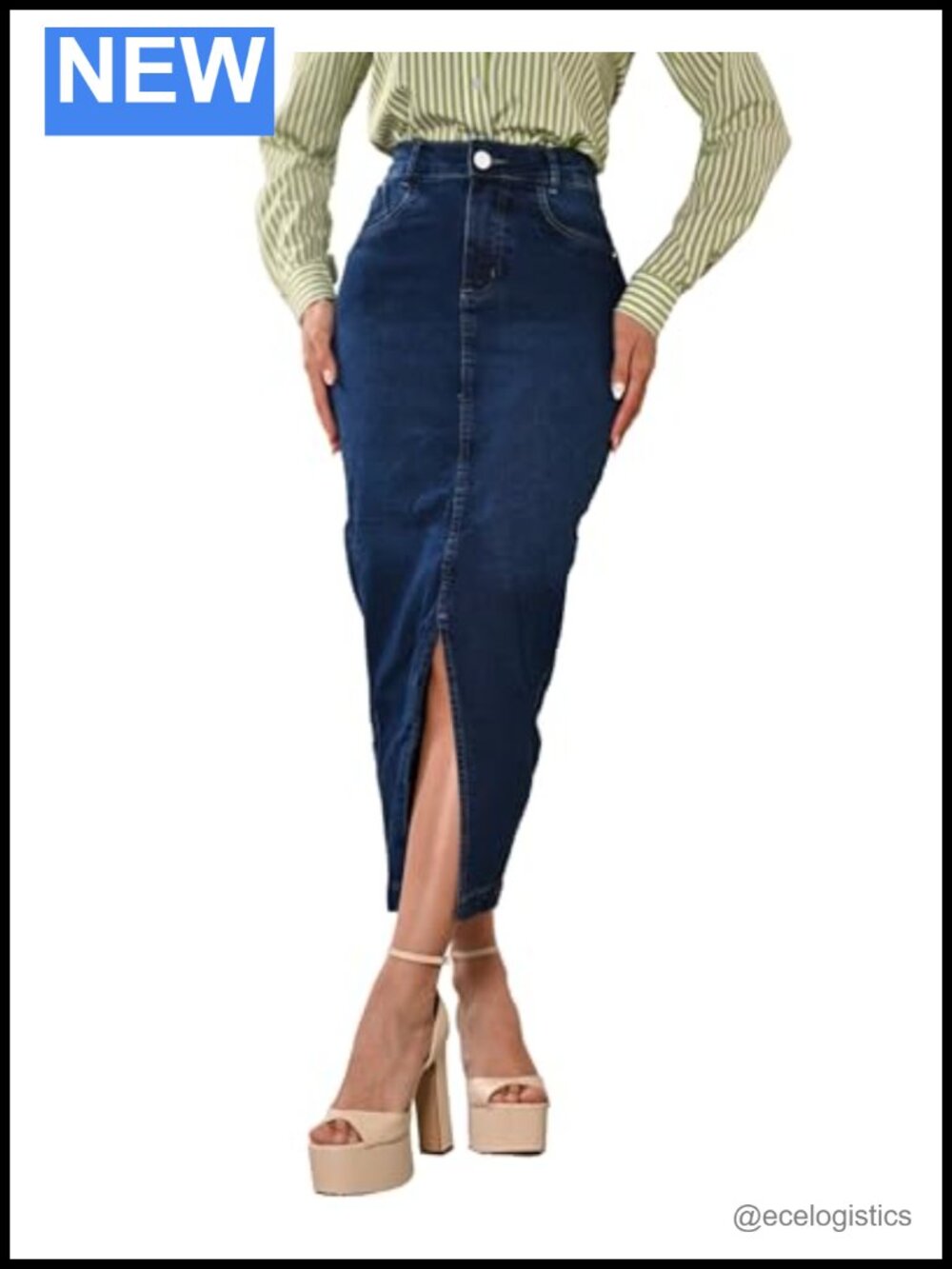 High Waisted Denim Maxi Skirt Front Slit Cotton Blend